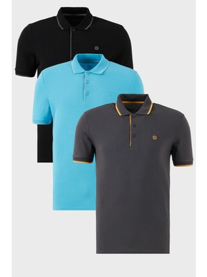 Buratti Pamuklu Slim Fit Şerit Detaylı Düğmeli Polo Yaka 3'lü Paket T Shirt Erkek T Shirt 5902118S3
