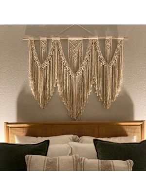 El Yapımı Makrome Perde ve Duvar Süsü, 120X95 Cm, Ekru Renk, Şık ve Doğal Dekorasyon.