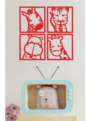 Sevimli Safari Hayvanları Ahşap Çocuk Odası Duvar Süsü, Renkli ve Eğlenceli Dekor