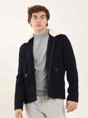 Dufy Lacivert Erkek Regular Fit Düz Klasik Kürklü Yaka Kaban