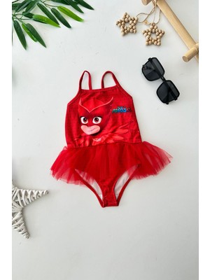 Miniğimin Cicileri Tüllü Pjmsk  Baskılı Kız Çocuk mayo bikini - Kırmızı