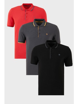 Buratti Pamuklu Slim Fit Şerit Detaylı Düğmeli Polo Yaka 3'lü Paket T Shirt Erkek T Shirt 5902118S3