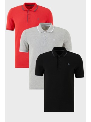 Buratti Pamuklu Slim Fit Şerit Detaylı Düğmeli Polo Yaka 3'lü Paket T Shirt Erkek T Shirt 5902118S3