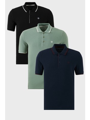 Buratti Pamuklu Slim Fit Şerit Detaylı Düğmeli Polo Yaka 3'lü Paket T Shirt Erkek T Shirt 5902118S3