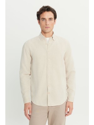 Regular Fit Normal Kesim Keten Pamuk Karışımlı Bej Gömlek