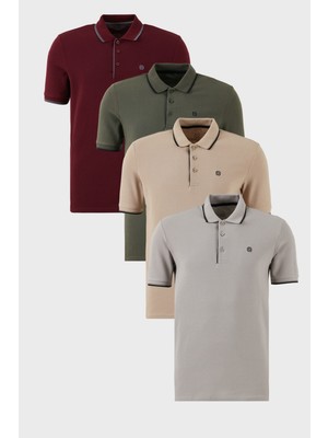 Buratti Pamuklu Slim Fit Şerit Detaylı Düğmeli Polo Yaka 4'lü Paket T Shirt Erkek T Shirt 5902118S4