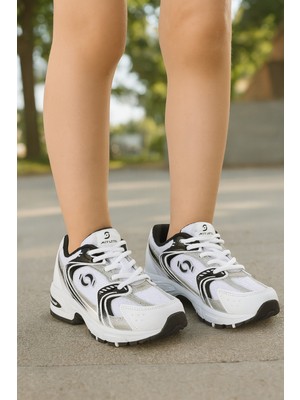 Günlük Unisex Beyaz Siyah Sneaker Kaymaz Yüksek Taban Desenli Triko Bağcıklı Koşu Spor Ayakkabı