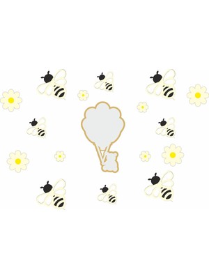 Renkli Çocuk Odası Duvar Dekorasyonu, Ahşap Arılar, Papatyalar, Pleksi Ayna Takımı