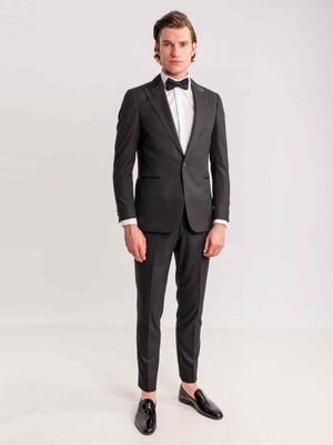 Dufy Siyah Erkek Modern Fit Armürlü Mono Yaka Smokin Takım