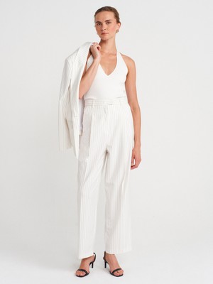 72146 Ince Çizgili Pilili Pantolon-Beyaz