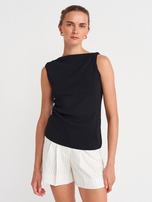 10778 Kayık Yaka Drapeli Ince Triko Bluz-Siyah