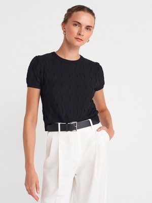 10788 Bisiklet Yaka Dokulu Triko Bluz-Siyah