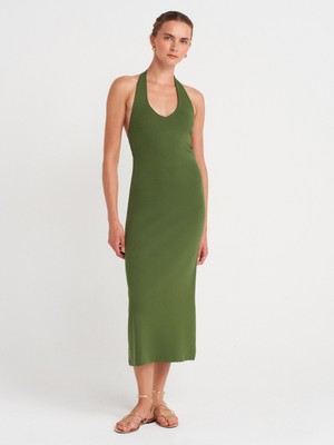 91476 Halter Yaka Midi Elbise-Koyu Haki