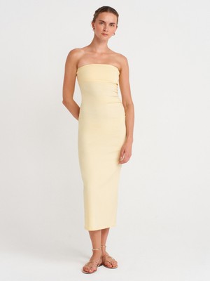 91368 Straplez Midi Elbise-Açık Sarı