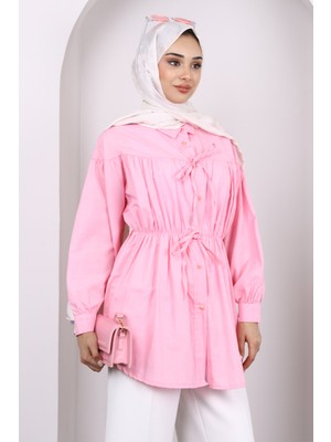İmaj Butik Açık Pembe Bel Lastikli Düğmeli Gömlek