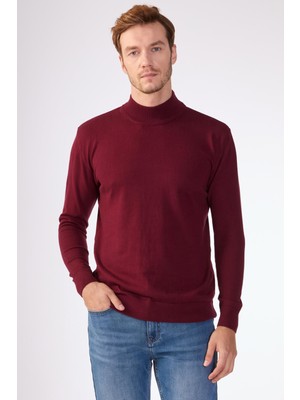 Bordo Yarım Balıkçı %100 Pamuk Düz Renk Slim Fit Erkek Triko