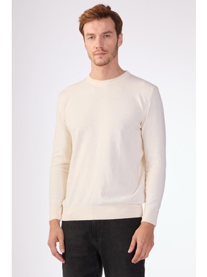 Ekru Bisiklet Yaka %100 Pamuk Düz Renk Slim Fit Erkek Triko