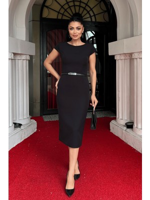 Atlas Kumaş Kemer Detaylı Kalem Elbise - Siyah