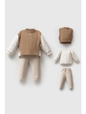 Miniğimin Cicileri Triko Yelek Detaylı 3 Lü Kız bebe takım - Krem