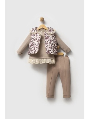 Miniğimin Cicileri Leopar Şişme Yelekli Güpür Detaylı Kız Bebe 3 lü takım - Kahve Köpüğü