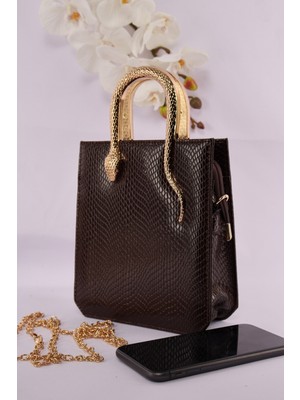 Weem Bag 143 Piton Yılan Sap Portföy Kadın Fermuarlı Çanta Zarif Yılan Detayı ile 17x19 cm Boyut