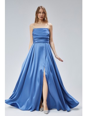 Kadın Abiye ve Mezuniyet Taşlı Drape Detaylı Yırtmaçlı Straplez Saten Abiye Elbise