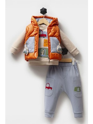 Miniğimin Cicileri Araba Detaylı Şişme Yelekli Erkek Bebe 3 lü takım - Turuncu