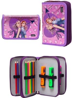 Mor Kalpli Kızlar Desenli Pvc Üç Bölmeli Kız Çocuk Organizer Kalemlik Kalem Kutusu -CP7002