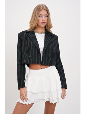 Çizgili Kruvaze Crop Blazer Ceket