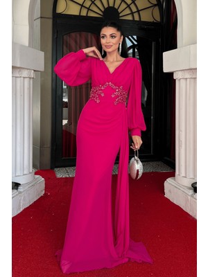 Şifon Kumaş Boncuk Işlemeli Şal Detaylı Abiye Elbise - Fuşya