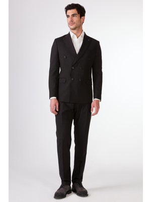 Siyah Kruvaze Sivri Yaka Düz Slim Fit Erkek Takım Elbise