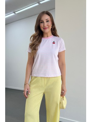 Pembe Kiraz Nakışlı Çizgili Tshirt