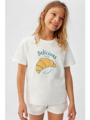 Unisex Çocuk Pamuklu Bisiklet Yaka Kruvasan Baskılı T-Shirt