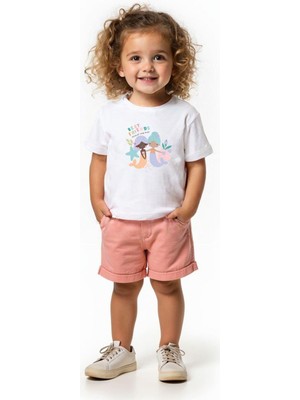 Kız Çocuk Pamuklu Bisiklet Yaka Deniz Kızı Baskılı T-Shirt