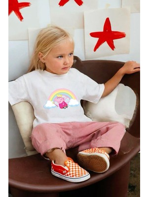 Monila Kız Çocuk Peppa Baskılı Pamuklu T-Shirt Bisiklet Yaka Kısa Kol Günlük Stil %100 Pamuk
