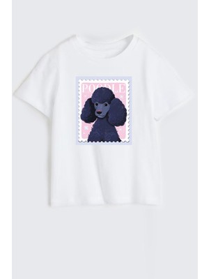 Kız Çocuk Poodle Baskılı Pamuklu Bisiklet Yaka T-Shirt