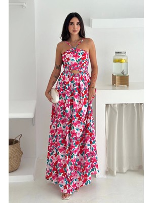 Boyun Bağcıklı Desenli Ithal Krep Kumaş Elbise