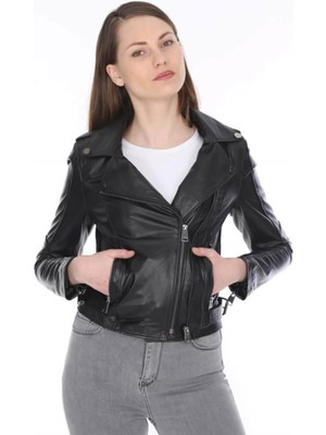 Hakiki Deri Siyah Çift Fermuarlı Kadın Ceket