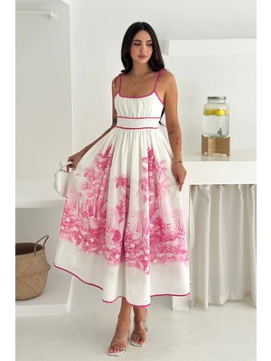 Desenli Keten Elbise Pembe