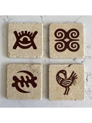Renkli Taş Bardak Altlıkları, 4'lü Set, Adinkra Sembolleri