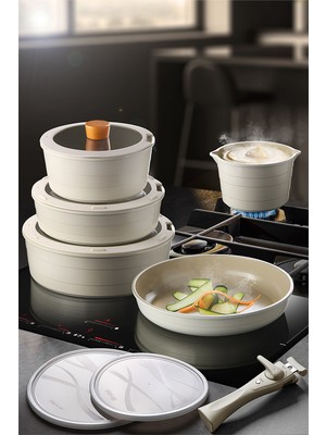 Neoflam Midas Bej 11 Parça Ayrılabilen Saplı Iç Içe Geçebilen Indüksiyonlu Tencere Tava Seti