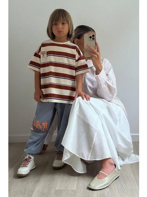 Erkek Çocuk Pamuklu Kumaş Çizgili Tshirt ve Eşofman Altı Alt Üst Takım Bej Kahverengi