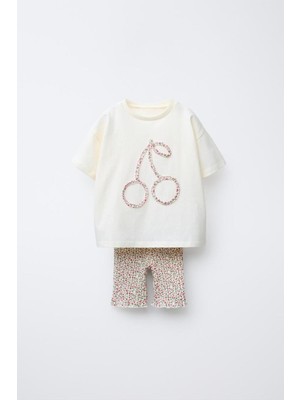 Kız Çococuk Kiraz Aplike Detaylı Şortlu Altüst Takım