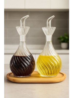 Borosilikat Cam Tombul 2'li Bambu  Standlı  Papatya Yağlık & Sirkelik 900 ml