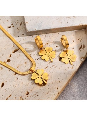 Yonca Gold Çelik Takı Seti 336 Kolye Küpe