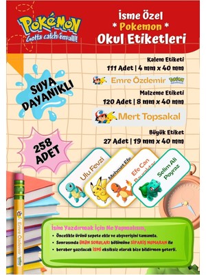 Pokemon Okul Etiketi Defter Etiketi Kalem Etiketi Kişiye Özel Suya Dayanıklı Isim Yazılabilien