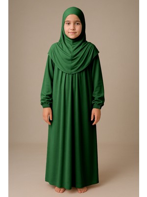 Kız Çocuk Tesettür Elbisesi Tek Parça Namaz Kıyafeti Tak Çıkar Başörtülü Pamuklu Lastikli Kolu