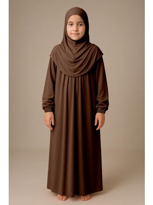 Kız Çocuk Tesettür Elbisesi Tek Parça Namaz Kıyafeti Tak Çıkar Başörtülü Pamuklu Lastikli Kolu