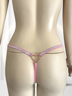 Passione Parlak Şerit Detaylı Pembe/siyah Esnek Arkası Kalp Aksesuar Detaylı String
