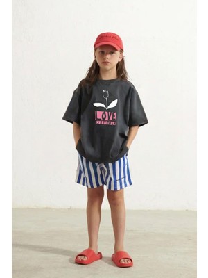 Kız Çocuk  Pamuklu Bisiklet Yaka Çiçek Baskılı T-Shirt